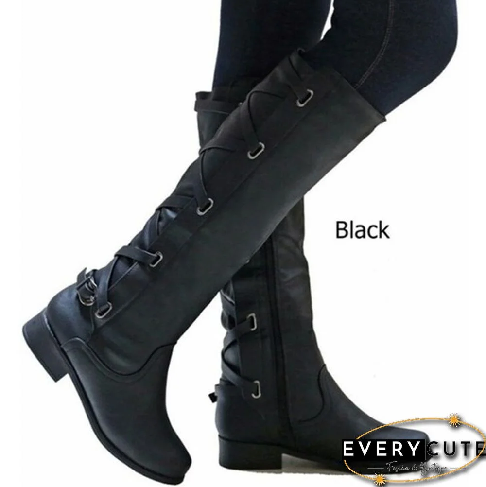 Women Winter Low Heel Belt Buckle Riding Leather Boots Knee High Cowboy Boots (Please Choose A Larger Size)