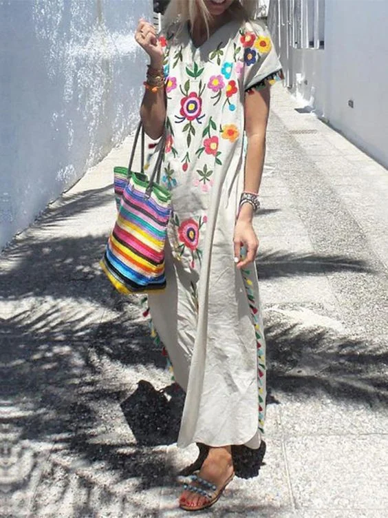 Boho Maxi Dress with Colorful Fringe Sides
