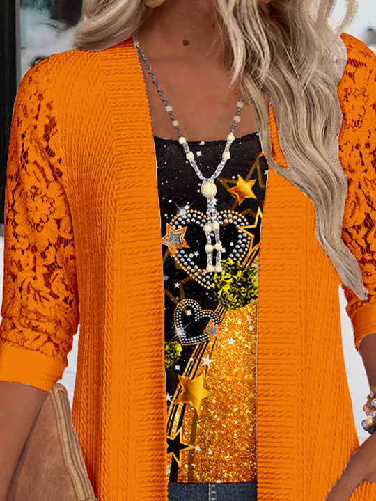 Women Long Sleeve Scoop Neck Love Printed Printed Graphic Pockets Lace Two-Pieced Tops