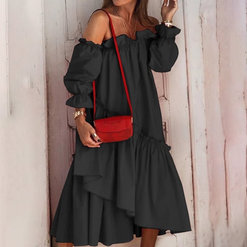 Off-Shoulder Ruffled Solid Holiday Dress