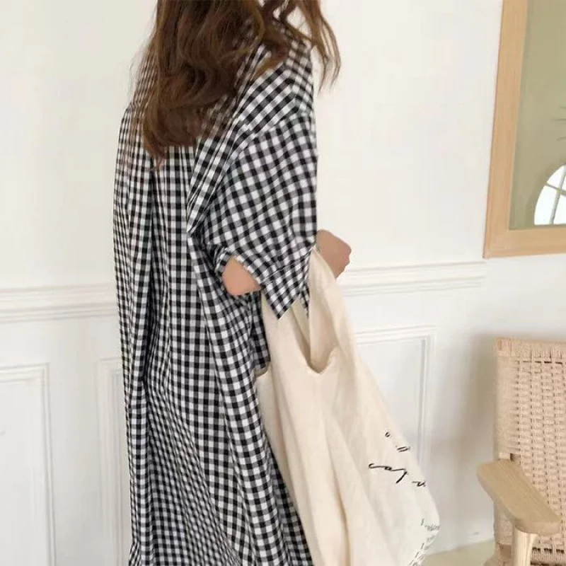 Uveng Uveng Plaid Shirt Women 2025 Spring And Summer Short-Sleeved Cotton Linen Super Long Over Knee Loose Ocean Gas Shirt
