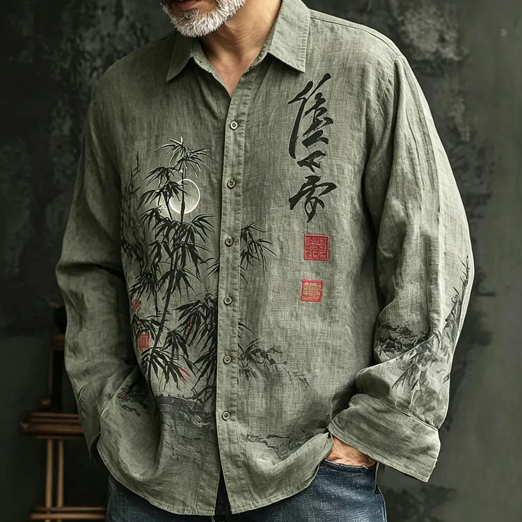 Men's Retro Japanese Bamboo And Calligraphy Print Casual Cotton Linen Long-sleeved Shirt