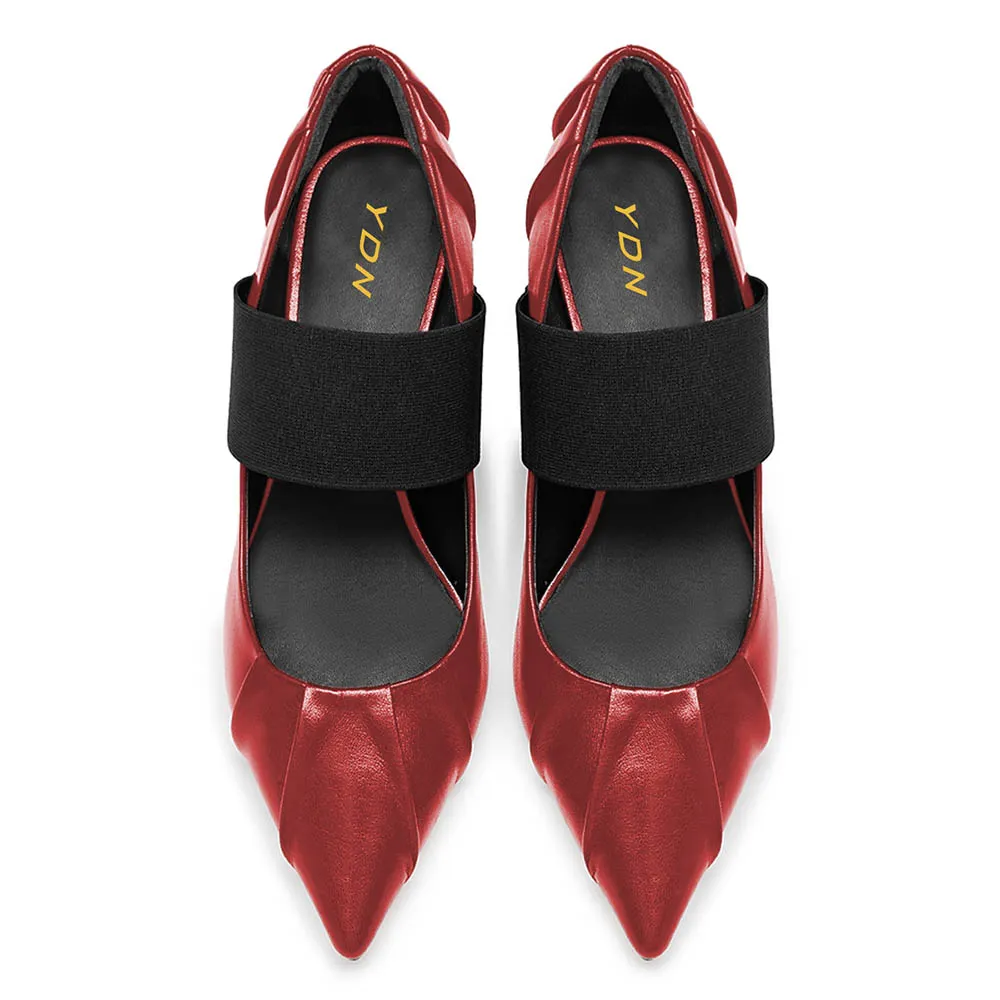 Red Kitten Heel Pleated Pointed Toe Simple Mary Jane Pumps