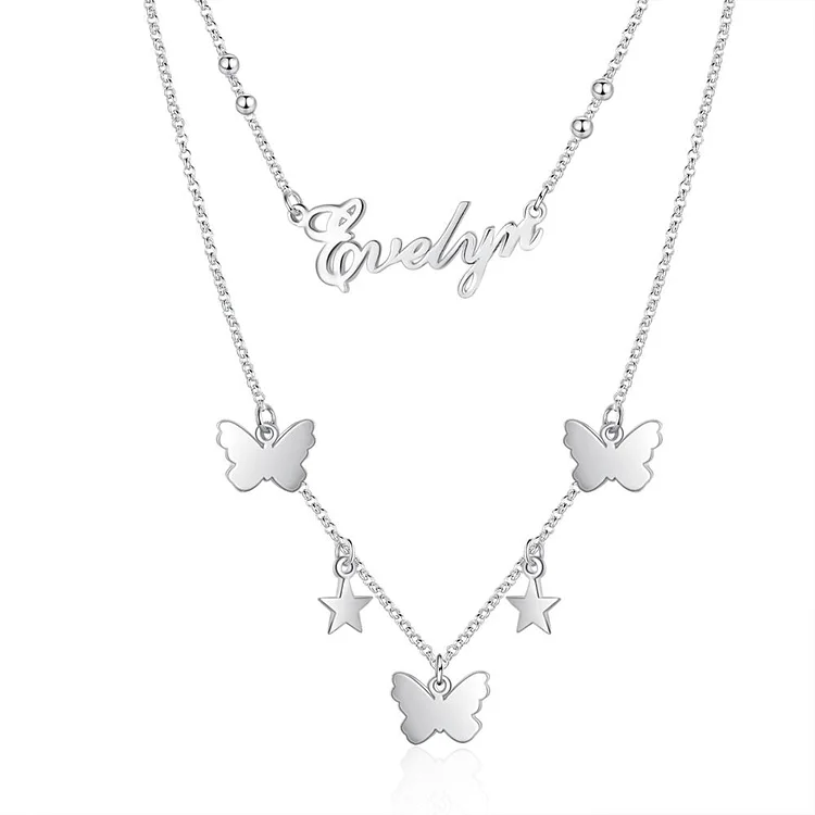 Personalized Name Custom Necklace Double Chain with Butterfly and Star Pendants