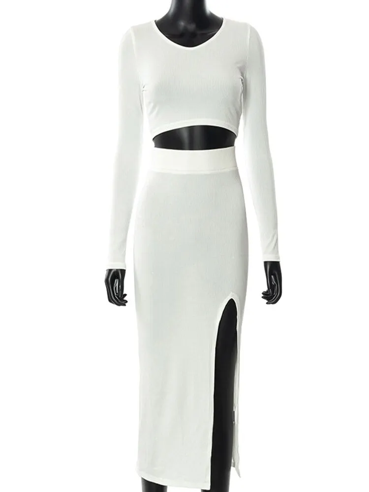 WannaThis Knit Two Piece Women Sets O Neck Slim Top Ankle Length Side Split Skirt Streetwear Fall Lady Elegant Sexy Skirt Suits