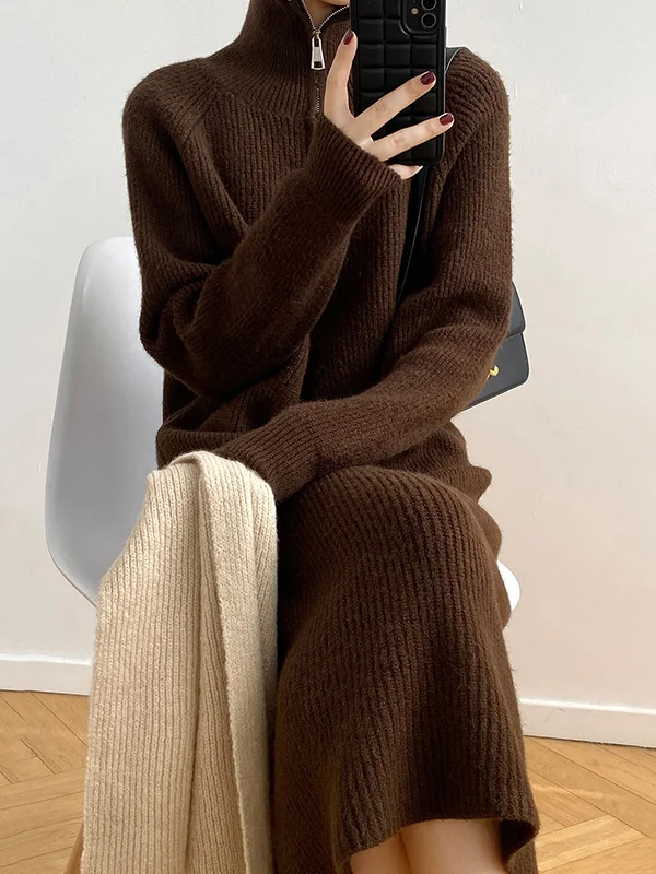 Casual Loose Long Sleeves Solid Color Zipper High-Neck Sweater Dresses