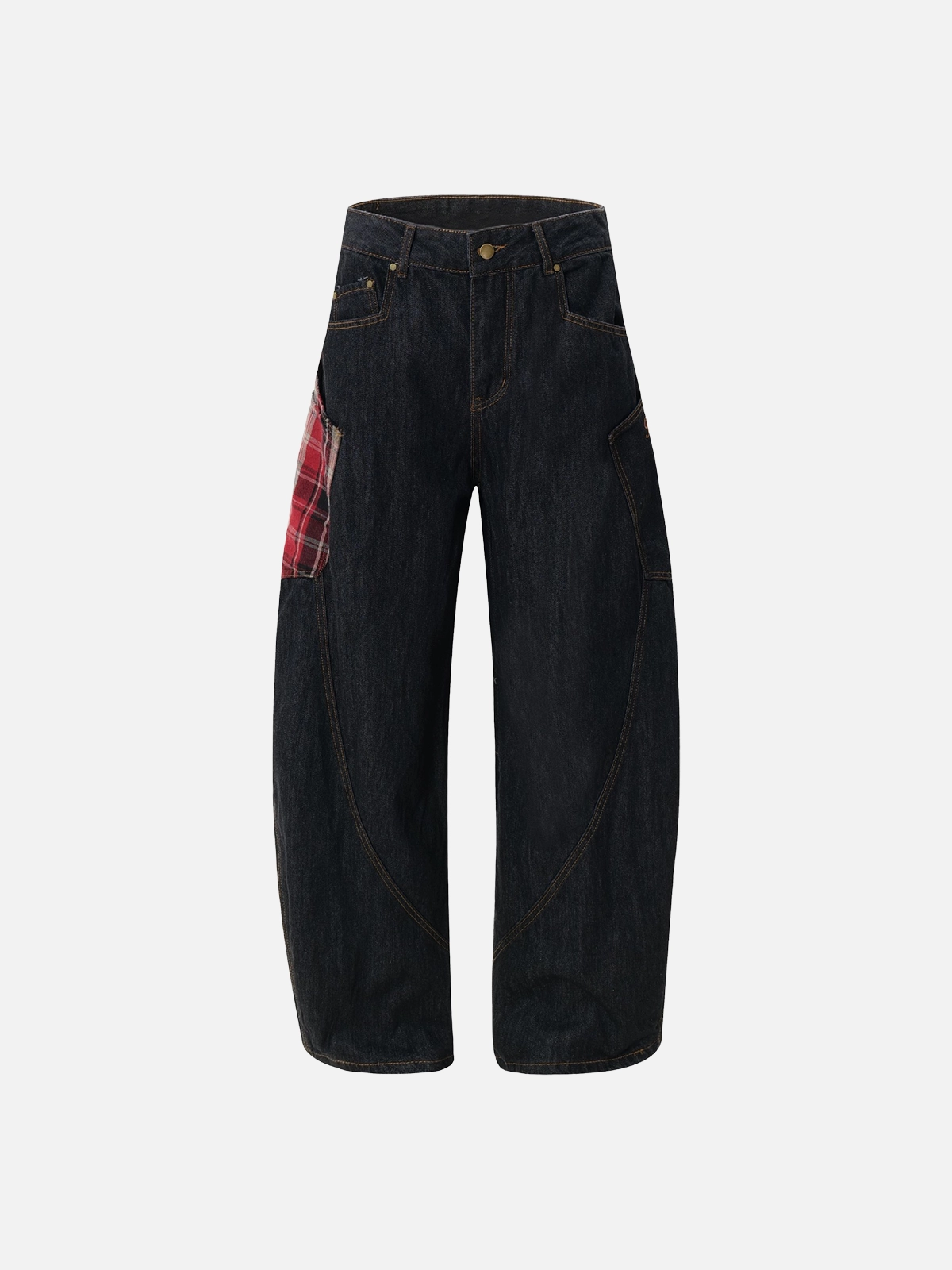 Black Act Chic Plaid Pocket Patchwork Loose Jeans Front