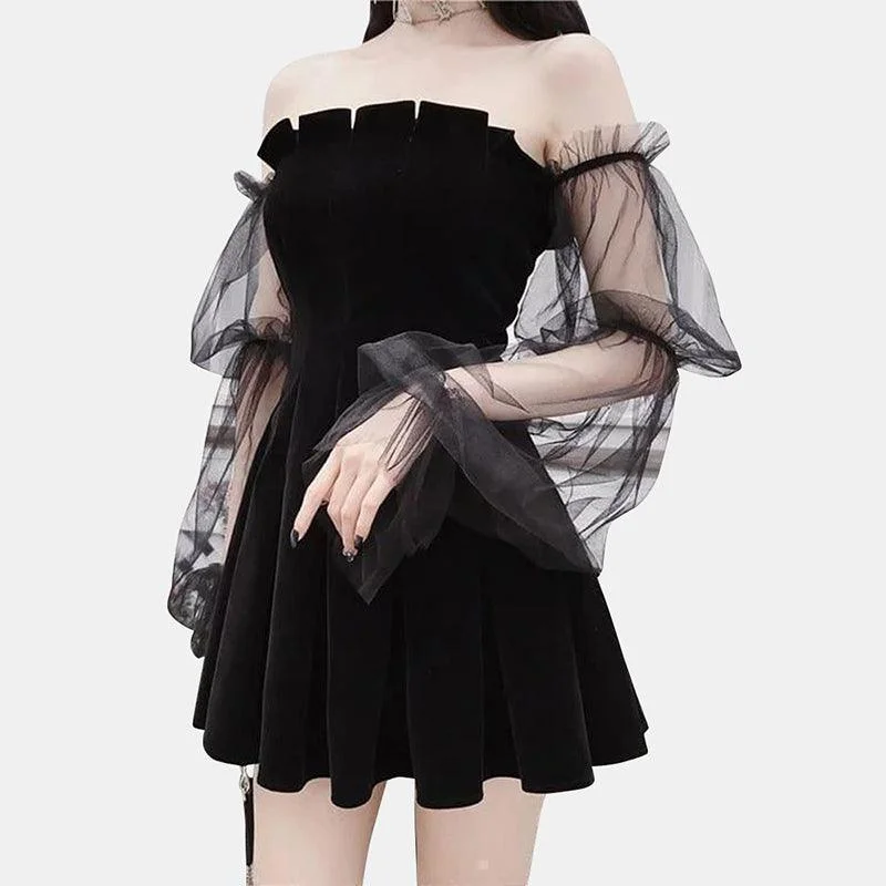 Off-shoulder Mesh Sleeved High Waist Pleated Dress