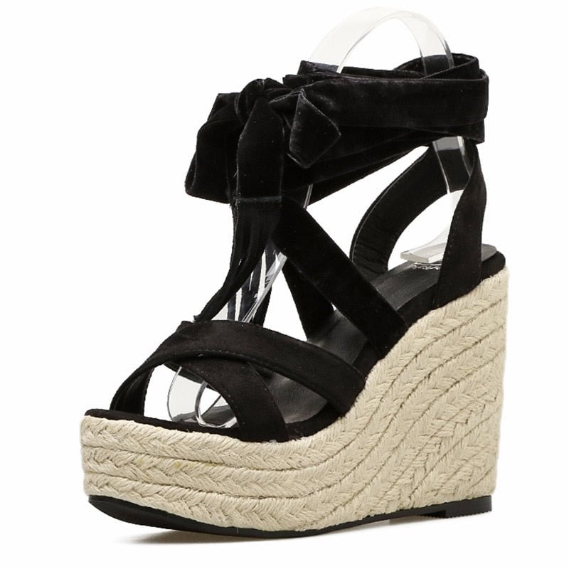 Gdgydh Weaving Cross Strap Platform Sandals Summer Wedges Heel Shoes For Women Flock Ankle Strap Ladies Gladiator Sandals Black