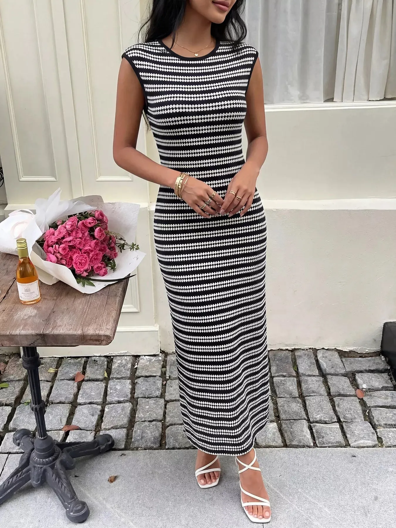 Striped Sleeveless Bodycon Knit Maxi Dress mysite idetrend