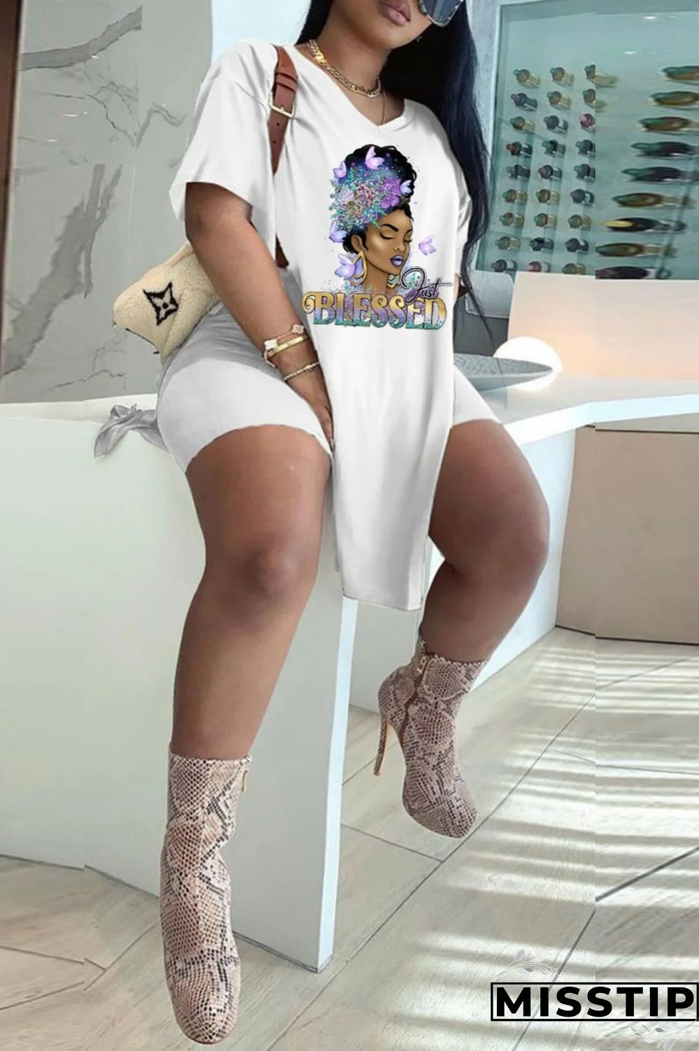 Black White Casual Print Patchwork V Neck Plus Size Two Pieces