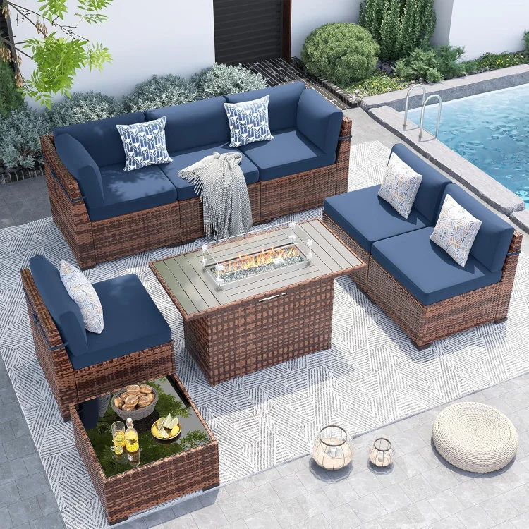 Patio Furniture Set with 44'' Fire Pit Table,Modular Outdoor Furniture Sets,Slanted Back Outdoor Sectional Conversation Set PE Rattan Sofa for Backyard W/Coffee Table,4'' Cushions,8 PCS