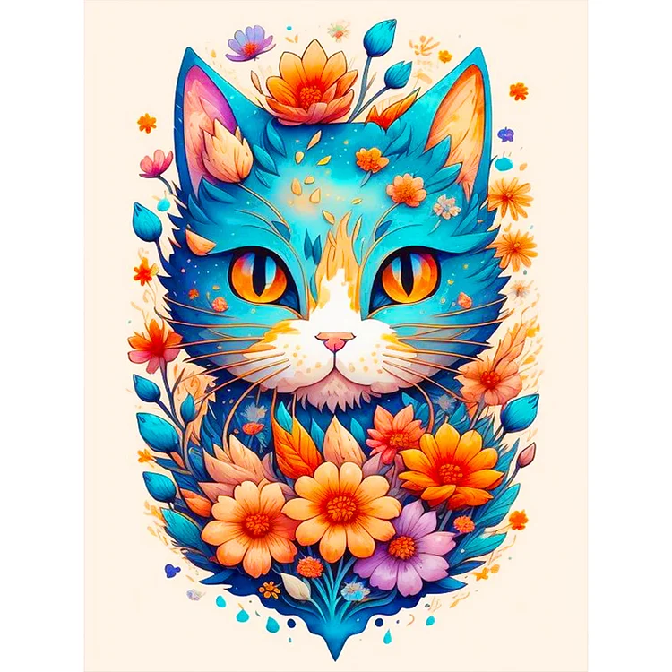 Flowers And Serious Blue Cat 30*40CM(Canvas) Full Round Drill Diamond Painting gbfke