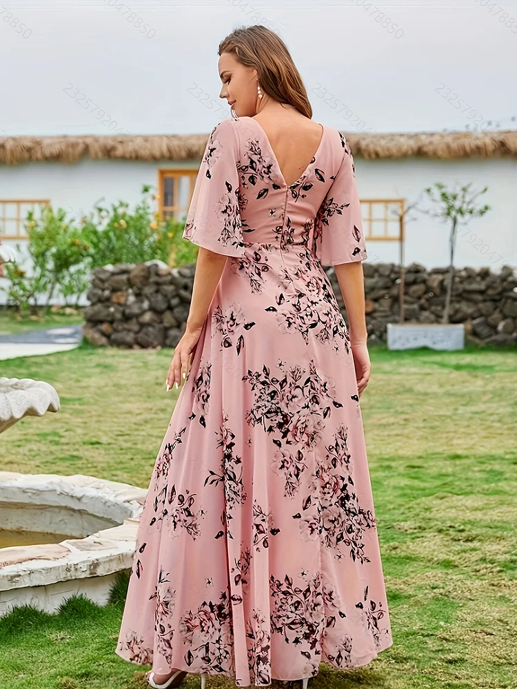 Women's Elegant V-Neck Backless A-Line Graduation Dress & Bridesmaid Dress - Allover Floral Print With Pink & White Flowers, Zipper Closure, Machine Washable, Spring Summer Fall Formal Wear, Dresses For Wedding Guest, Casual Elegant Outfit