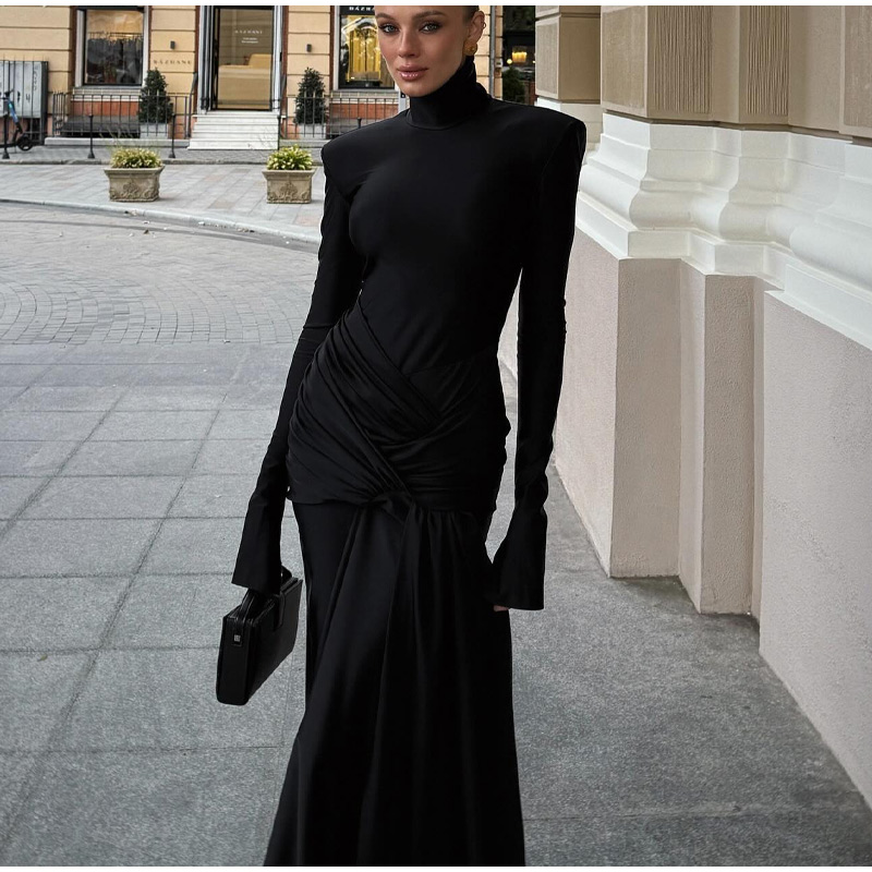 Elegant Black High Neck Bodycon Maxi Dresses Sexy O-neck Long Sleeve Shoulder Pad Lace Up Vestidos 2024 Autumn Lady Party Robes 14 Elegant Black High Neck Bodycon Maxi Dresses Sexy O-neck Long Sleeve Shoulder Pad Lace Up Vestidos 2024 Autumn Lady Party Robes
