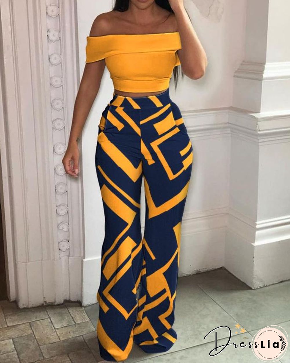 Off Shoulder Crop Top & Geo Print Pants Set