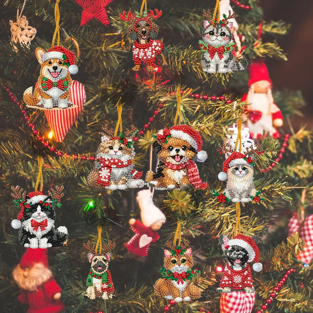 10Pcs Christmas Cats Dogs Diamond Painting Christmas Tree Pendant 