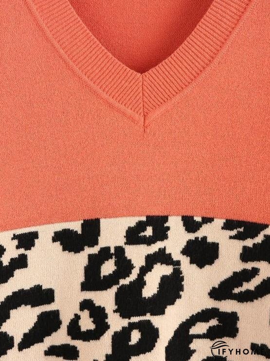 Leopard Insert Drop Shoulder V Neck Sweater | IFYHOME