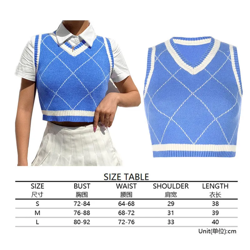 Argyle Sweater Vest Women  Black Sleeveless Plaid Knitted Crop Sweaters Casual Autumn Preppy Style 2020 tops V Neck Vintage