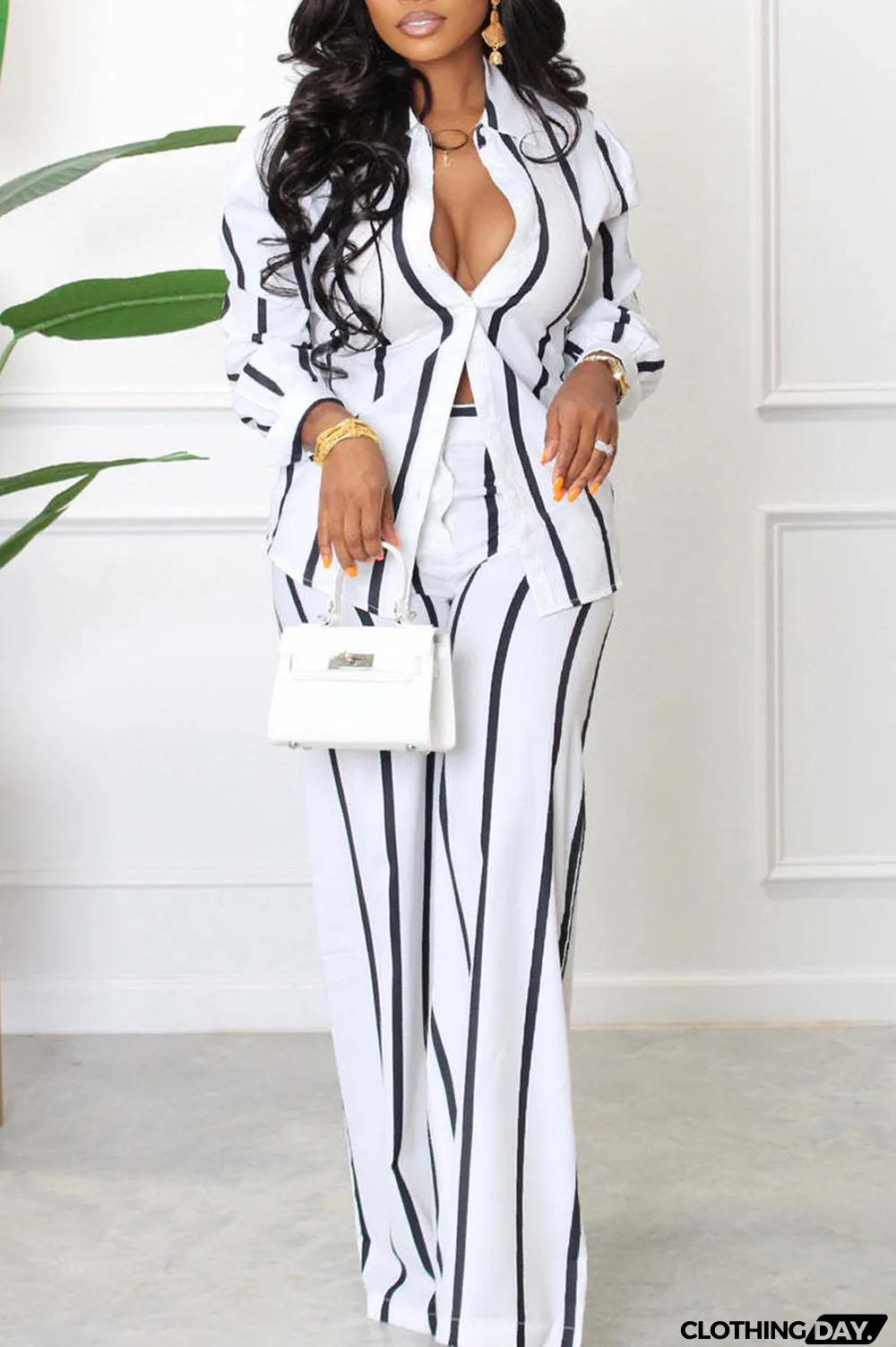 White Casual Striped Print Patchwork Turndown Collar Long Sleeve Two Pieces
