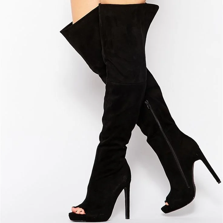 Black Thigh High Heel Boots Peep Toe Vegan Suede Long Boots |FSJ Shoes