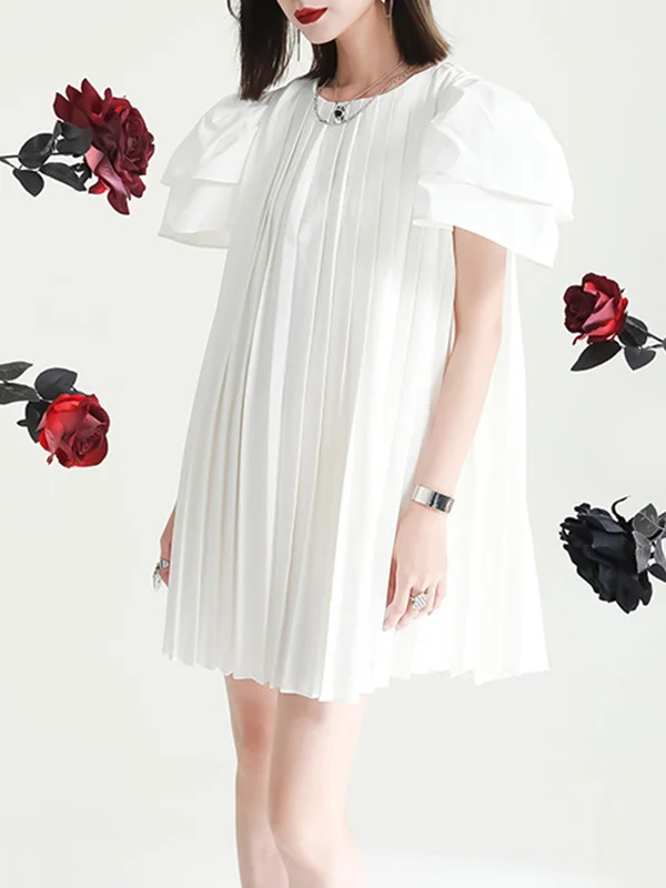 Short Sleeves Roomy Pleated Pure Color Round-Neck Mini Dresses