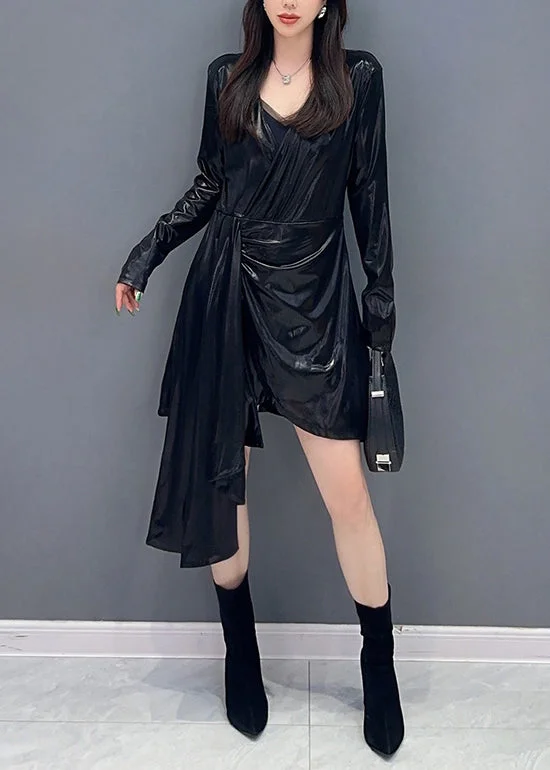 Black Solid Wrinkled Cotton Mid Dress V Neck Spring