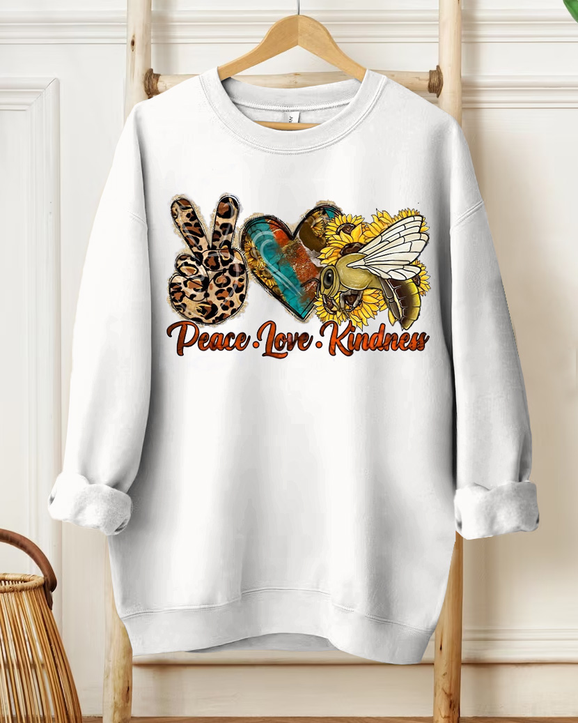 Peace Love Kindness Printed Long-Sleeved Round-Neck Sweatshirt