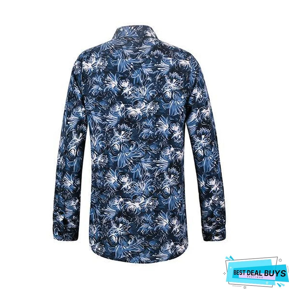 Men Casual Fashion Printed Long Sleeve Turndown Collar Shirts
