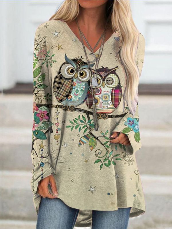 Retro Owl Print Long Tops Sweatshirt