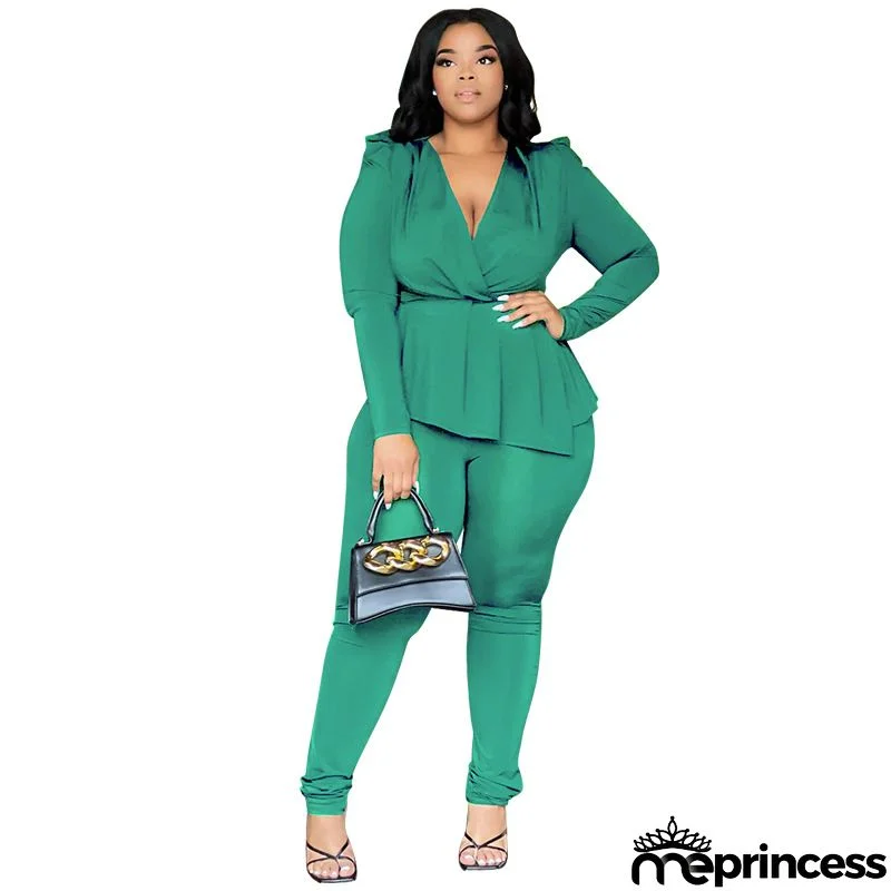 Women Fashion Plus Size Sexy Deep V-Neck Long Sleeve Top Pants Two-Piece Set