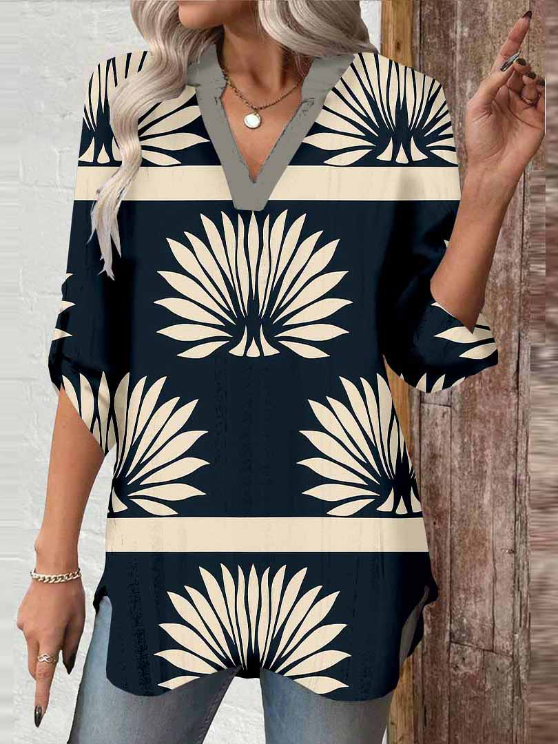 Women Tropical, Black, White DZGA0079 3/4 Sleeve V-neck Printed Graphic Button Tops