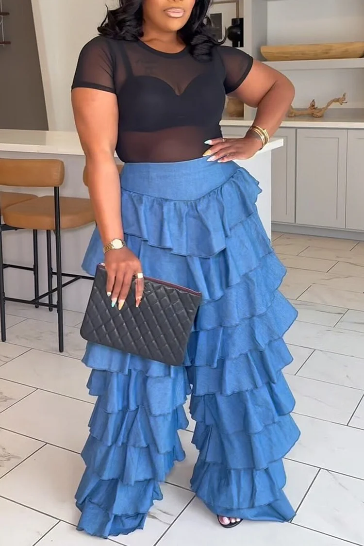 Plus Size Party Blue Casual Tiered Pocket Tencel Denim Jeans [Pre-Order]