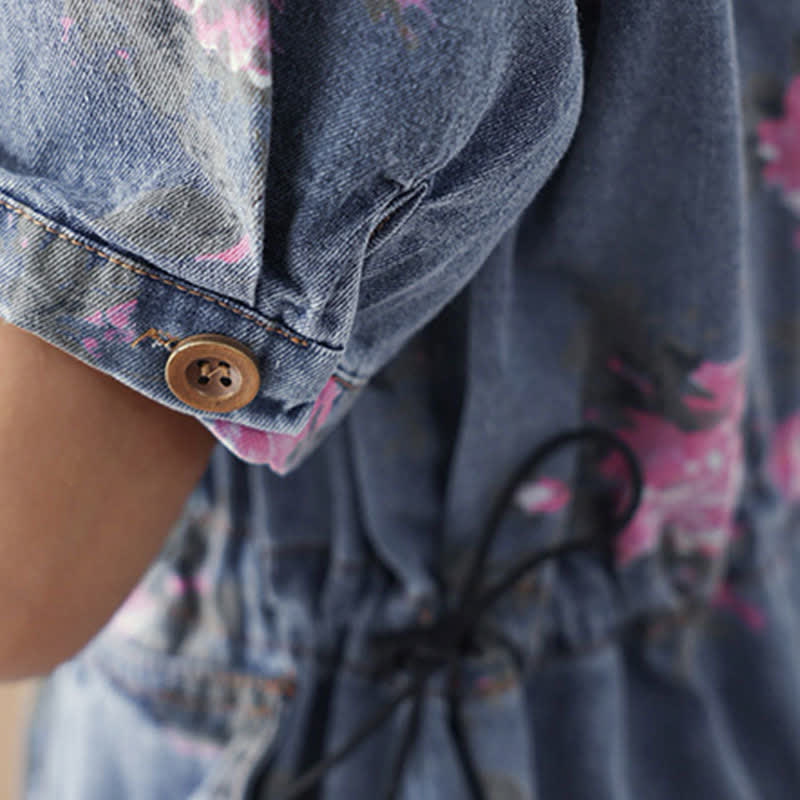 Floral Print Drawstring Lapel Denim Dress