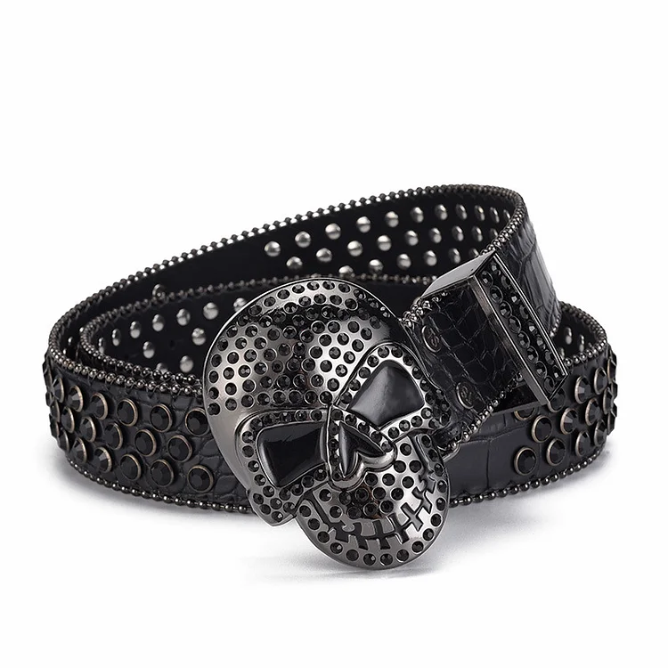 Rivet Skull Buckle Rhinestones Embellished Leather Belt at Hiphopee