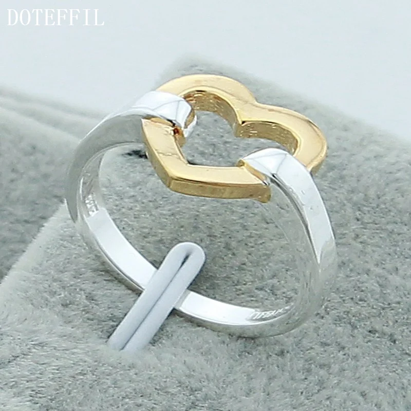 DOTEFFIL 925 Sterling Silver Gold Heart Ring For Women Wedding Jewelry