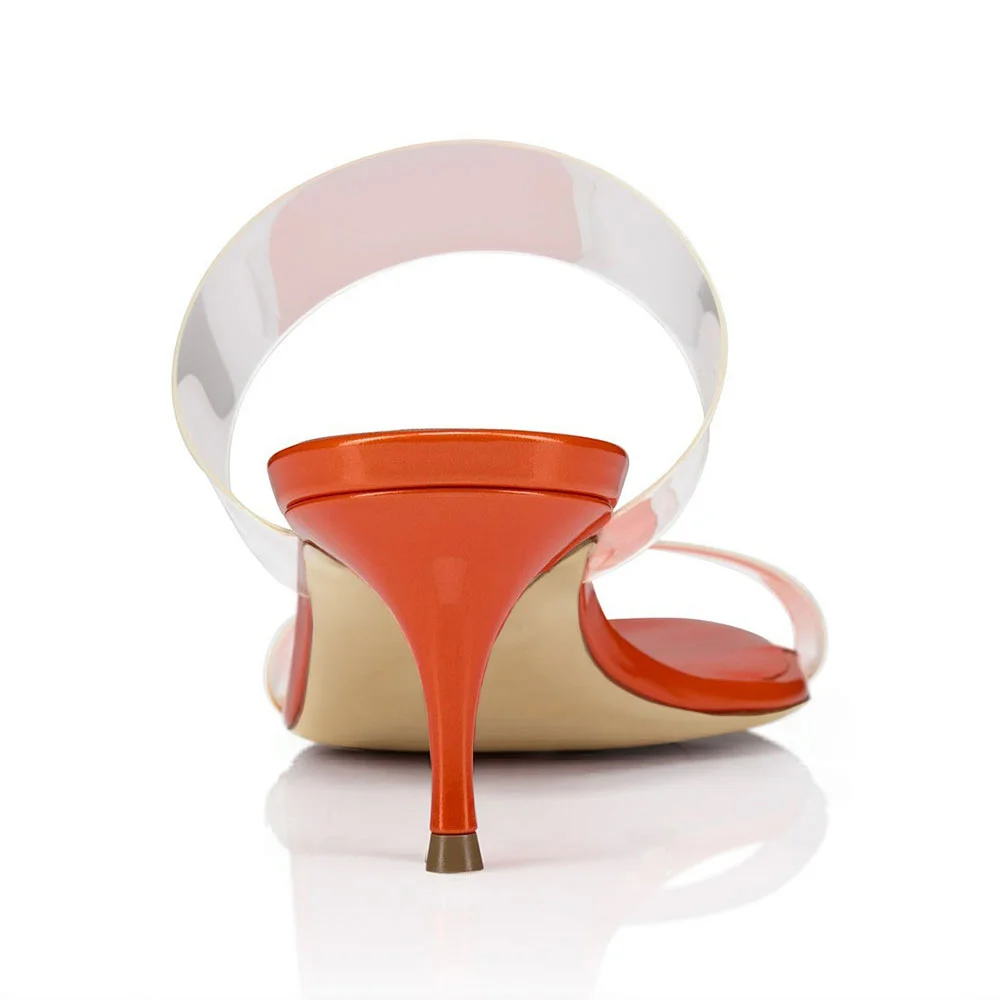 Elegant Orange Round Toe Kitten Heel Clear Mules for Women