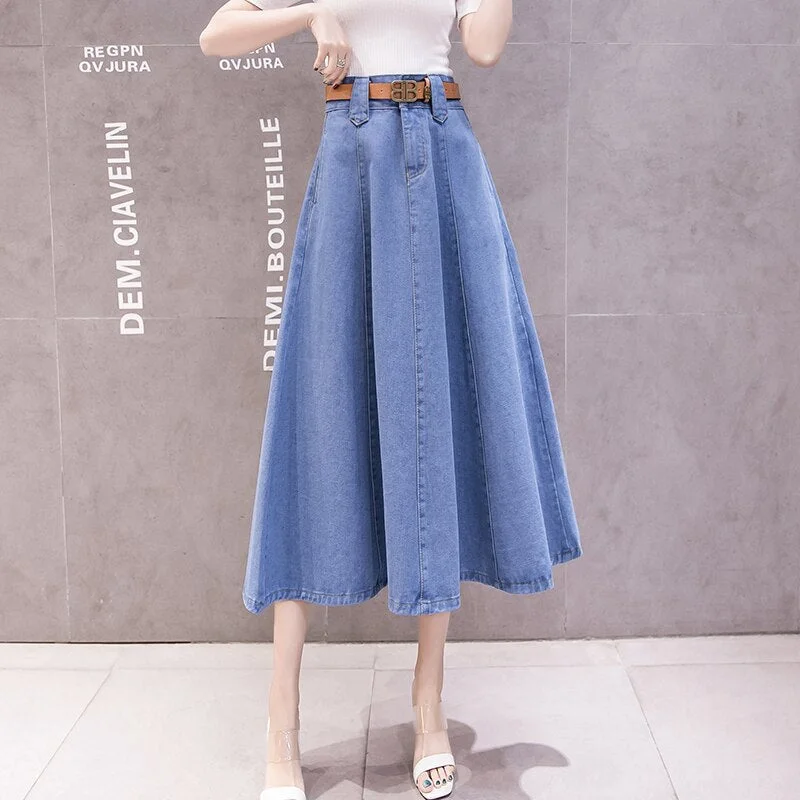 Huibahe High-waisted Elegant Long Denim Skirts Plus Size Retro Korean Fashion Vintage Maxi Pleated Skirt QT1263