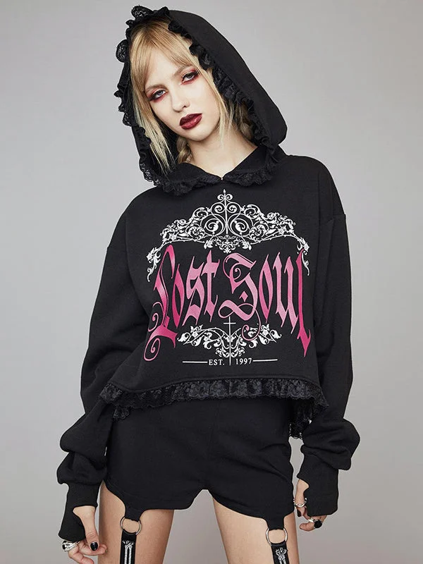 Gothic Dark Style Casual Printed Color-block Lacework Hoodie