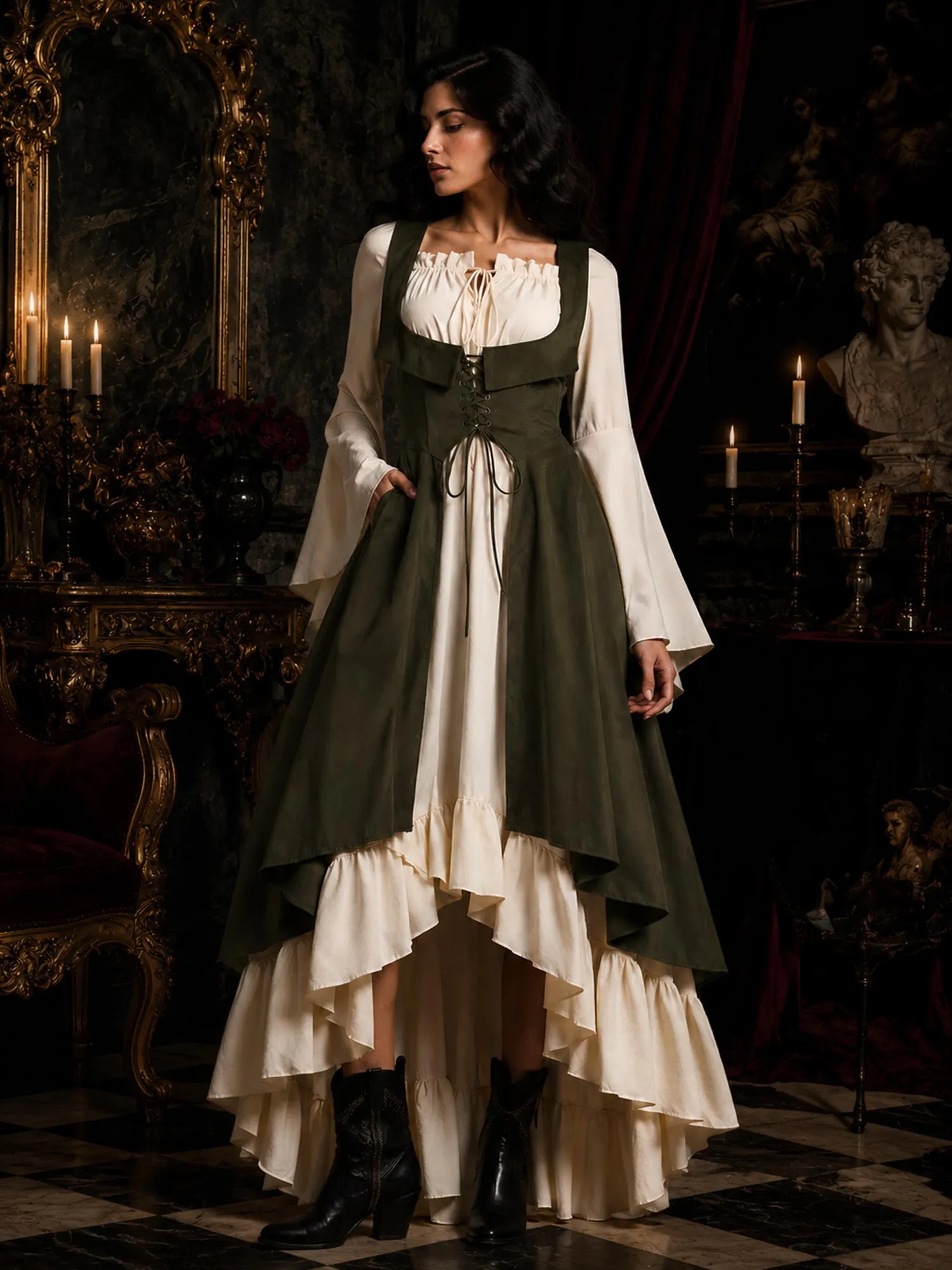 Perfect for Renaissance Festivals and Gothic Parties &mdash; Olive Green and Cream High-Low Hem Renaissance Maxi Dress