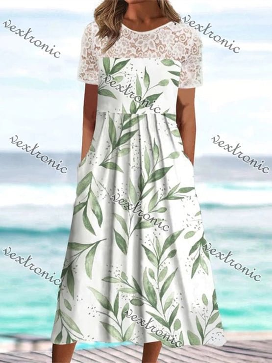 Women's White Short Short Sleeve Scoop Neck Graphic Floral Printed Maxi Dress