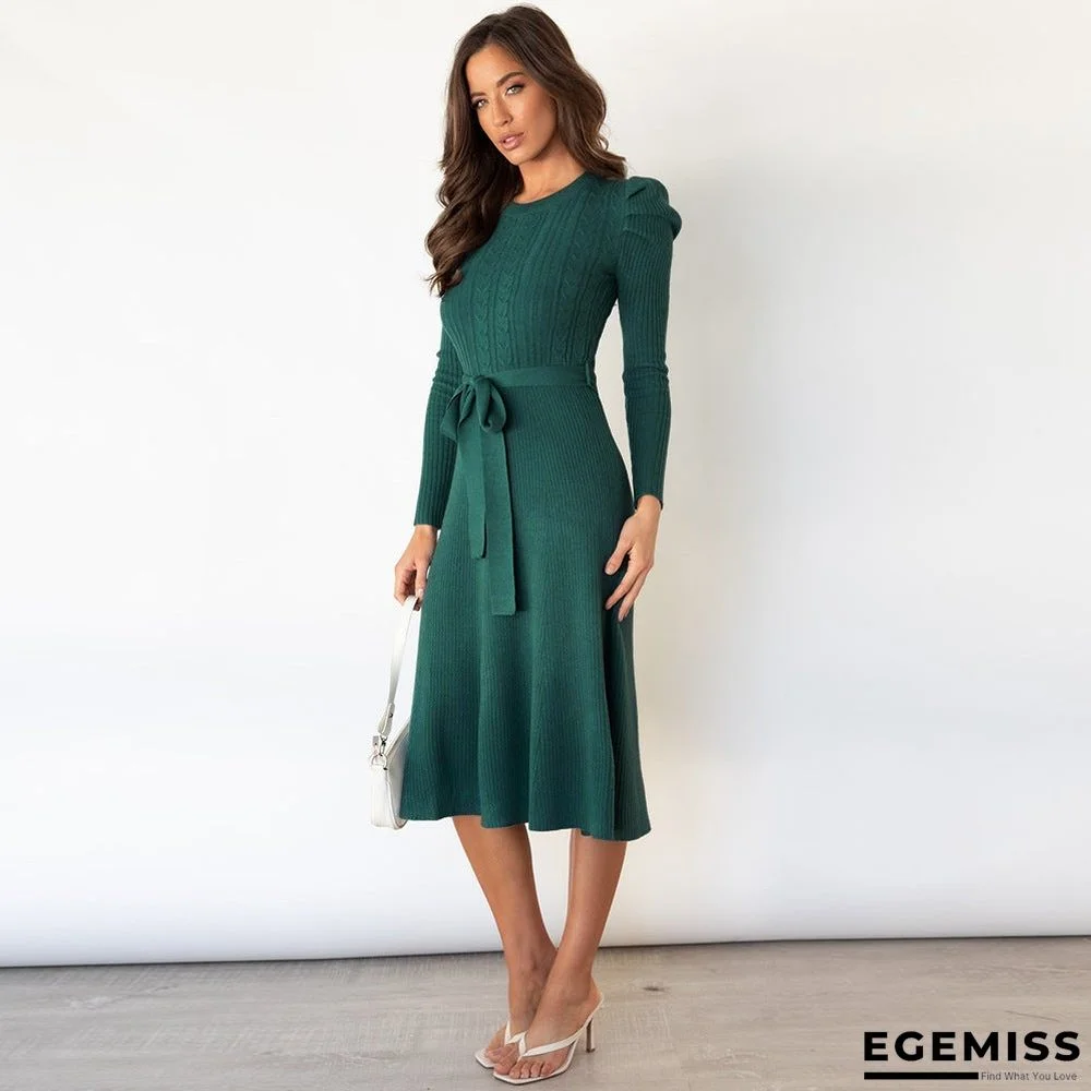 Bubble Long Sleeve Knitted Skirt Medium Long Wool Dress Black Dresses | EGEMISS