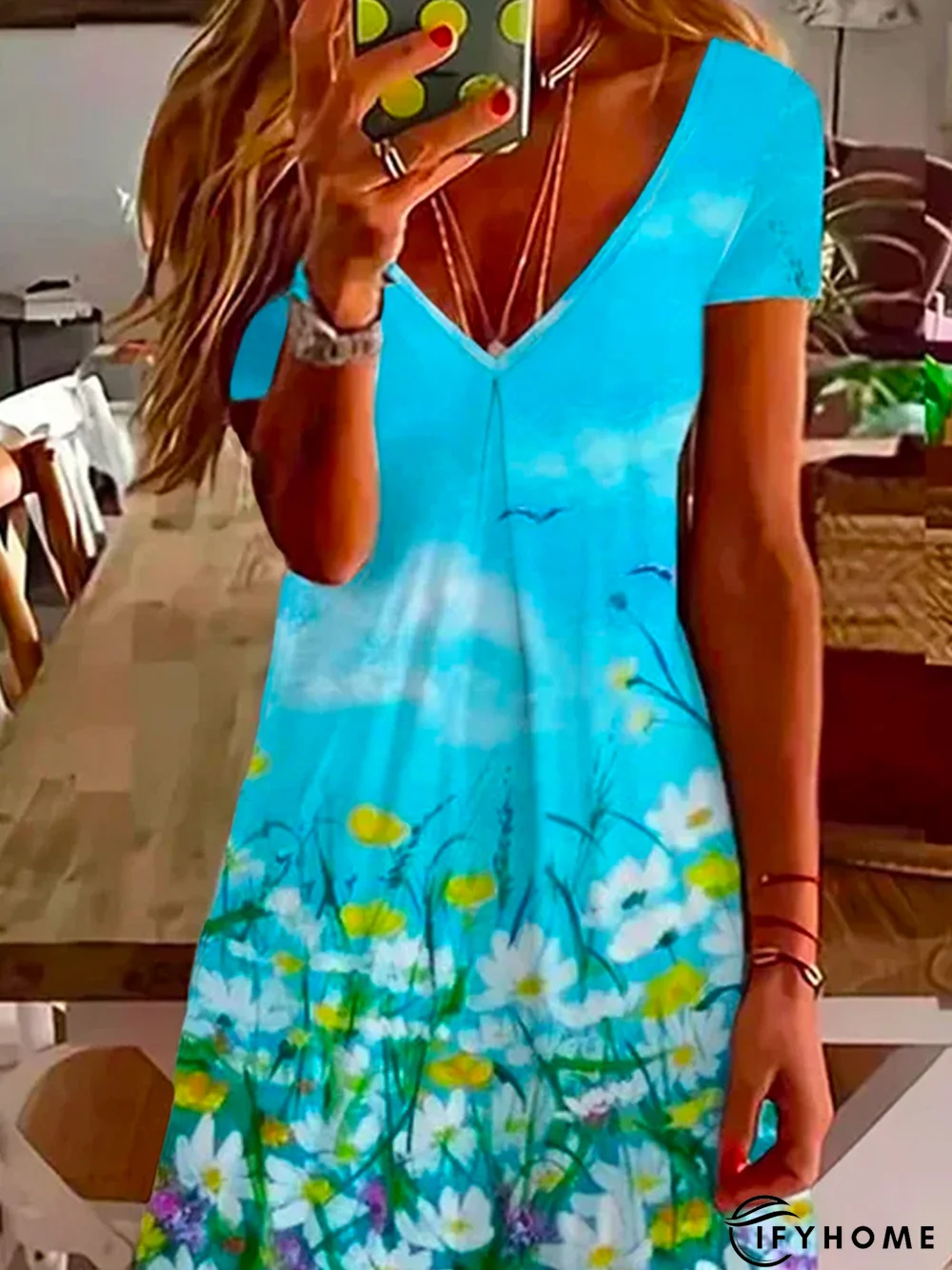 Casual Floral Loosen Short Sleeve Knit Dress | IFYHOME