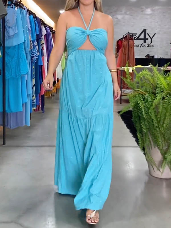 Backless Hollow Solid Color Empire Halter-Neck Maxi Dresses