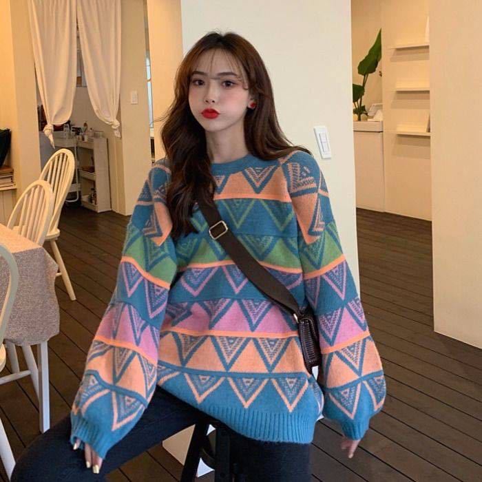 Vintage sweet sweater women Korean striped round neck sweater geometric print loose top sweater womens winter sweaters