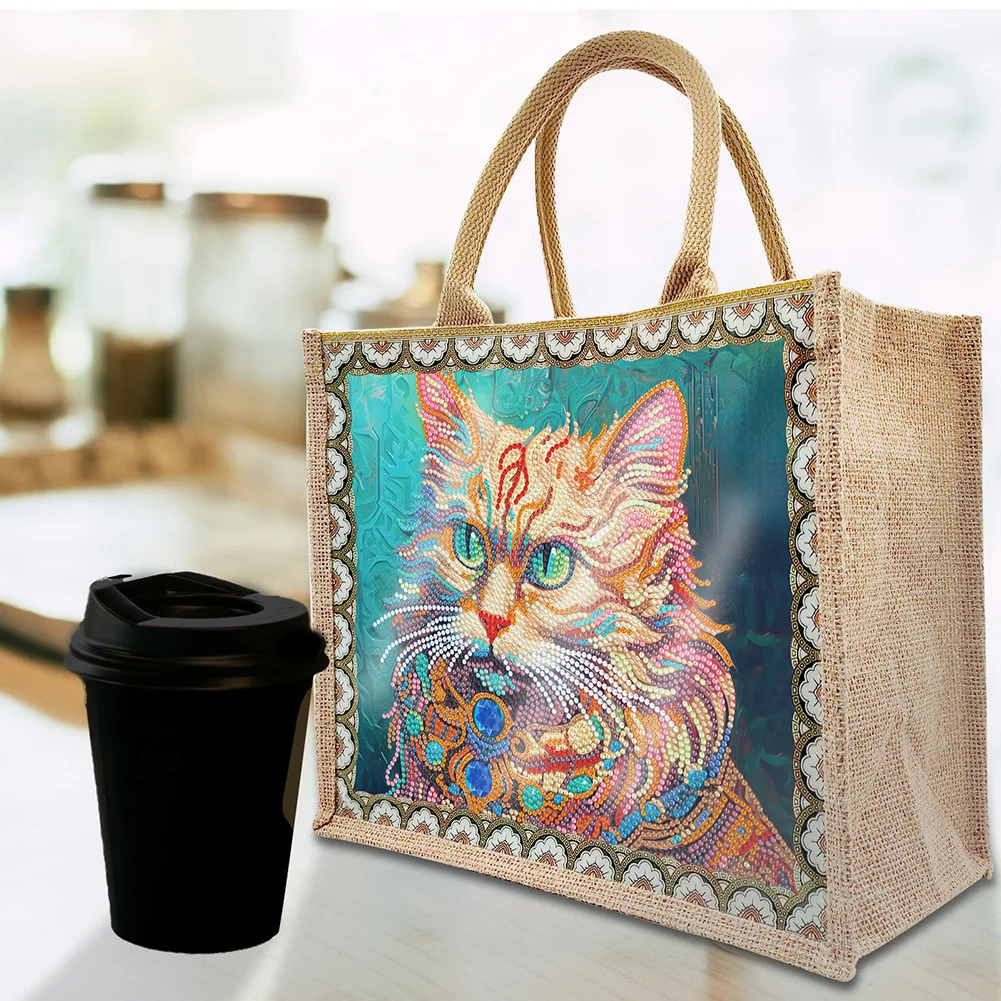 [Upgrade - Waterproof Bag]DIY Cat Linen Diamond Painting Tote Bag Replaceable Canvas for Women Adults