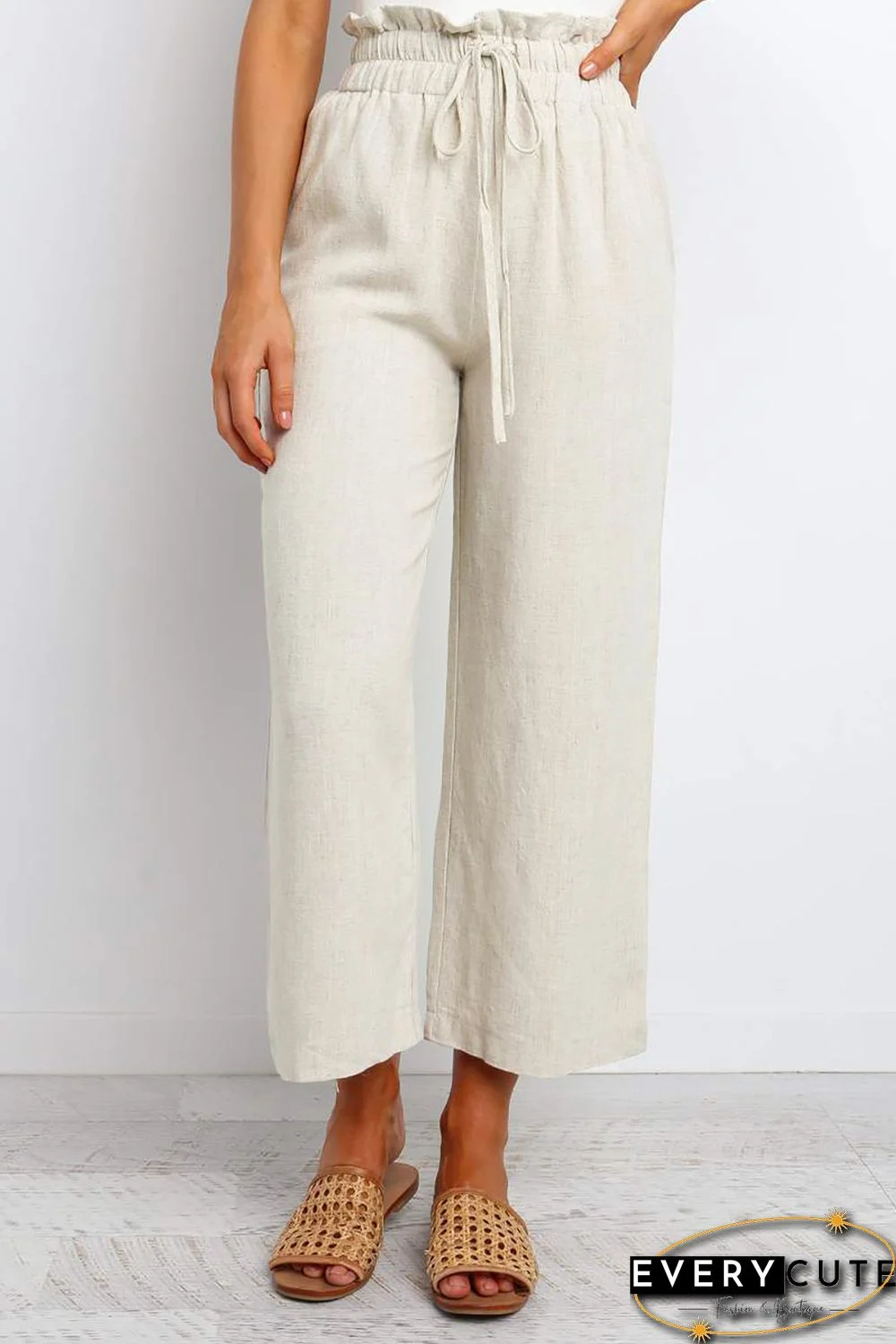 Khaki Paperbag Waist Straight Leg Cropped Pants