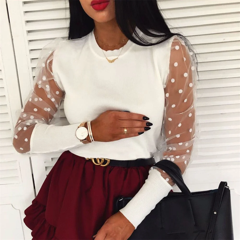 Graduation Gifts   Women Mesh Sheer Polka Dot Puff Long Sleeve Shirts Fashion O-Neck Slim Blouse Clubwear Tops Pullover Female Clothing