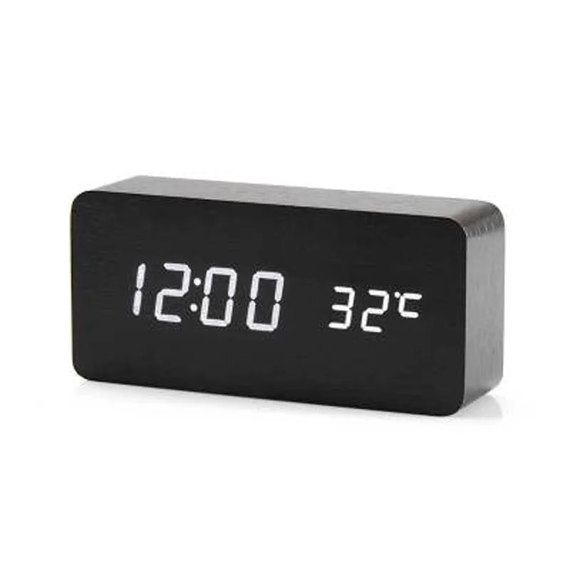 Wooden Digital LED Alarm Clock Voice Control USB/AAA Powered Electronic Table Clock Multifunction Temperature Desk Watch Decor