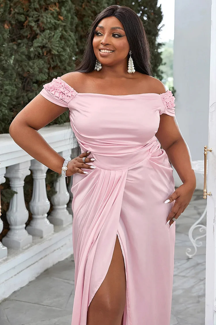 formal pink dress plus size Xpluswear Design Plus Size Pink Formal Split Off Shoulder Ruffle Maxi  Dresses